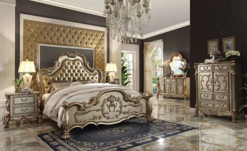 Dresden Bone PU & Gold Patina Queen Bed - Ornate Home