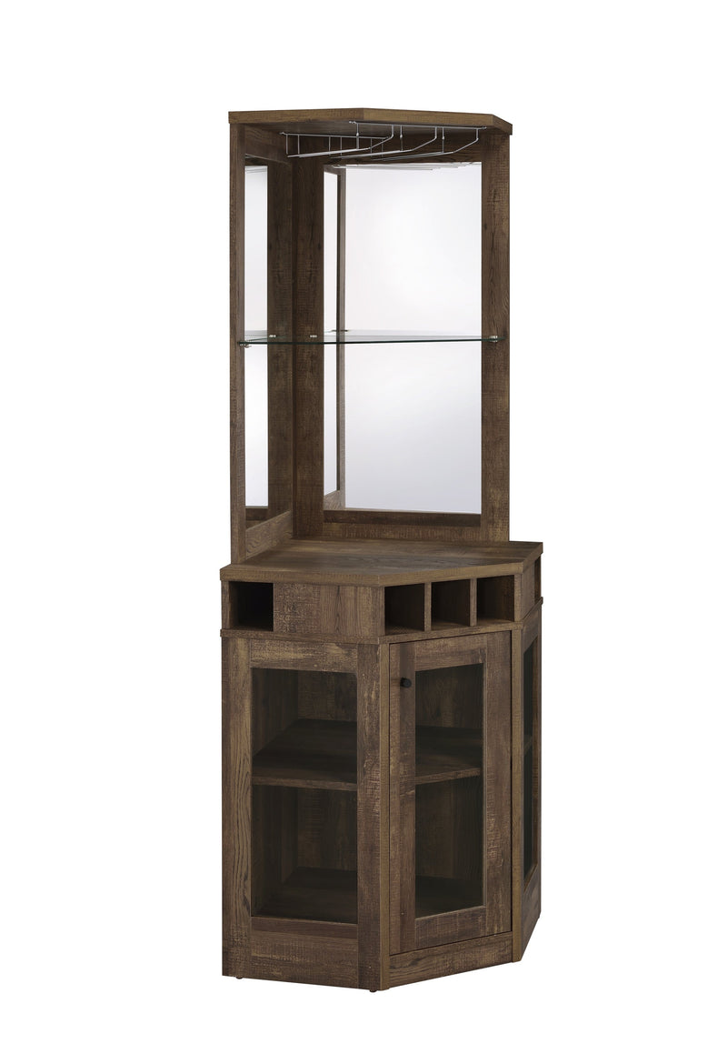 Cade Rustic Oak Corner Bar Cabinet w/ Stemware Rack