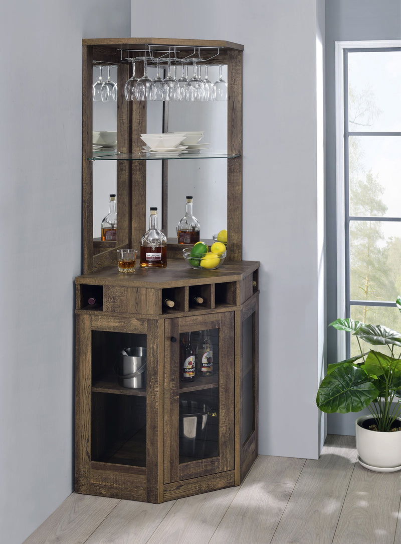 Cade Rustic Oak Corner Bar Cabinet w/ Stemware Rack