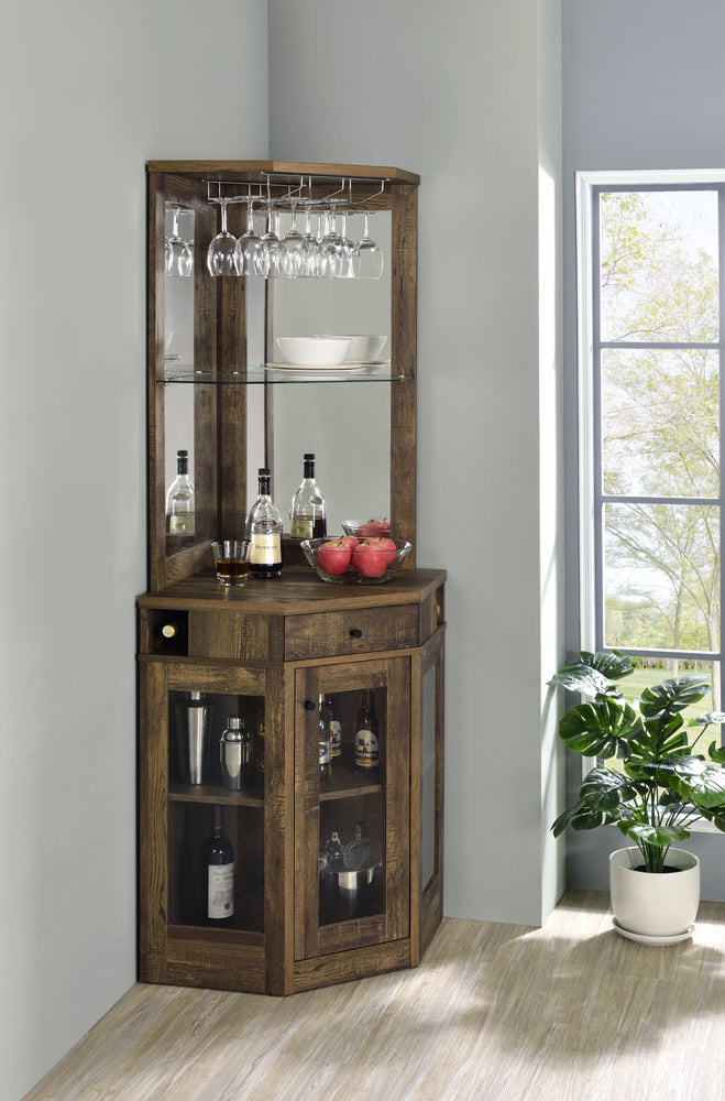 Cade Rustic Oak Corner Bar Cabinet w/ Stemware Rack