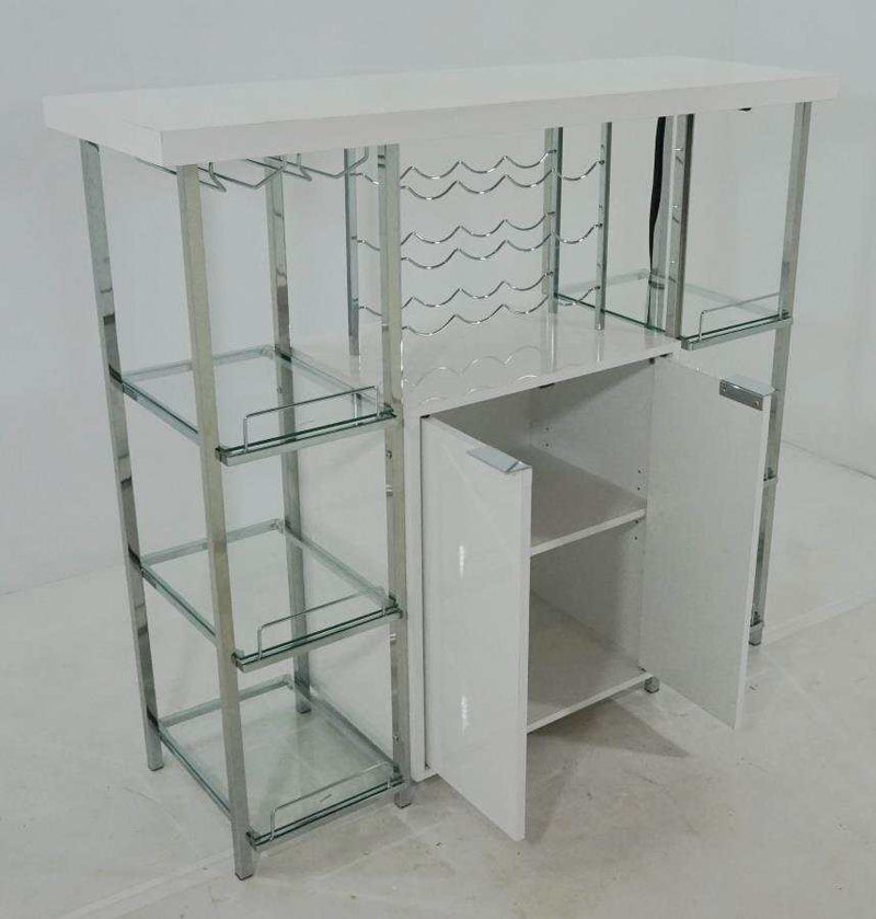 Ammaar - White & Chrome - Bar Cabinet w/ Glass Shelf - Ornate Home