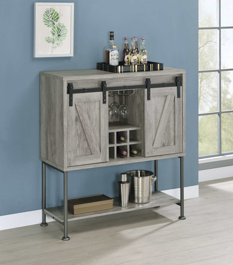 Layan - Grey Driftwood - Sliding Door Bar Cabinet w/ Lower Shelf - Ornate Home