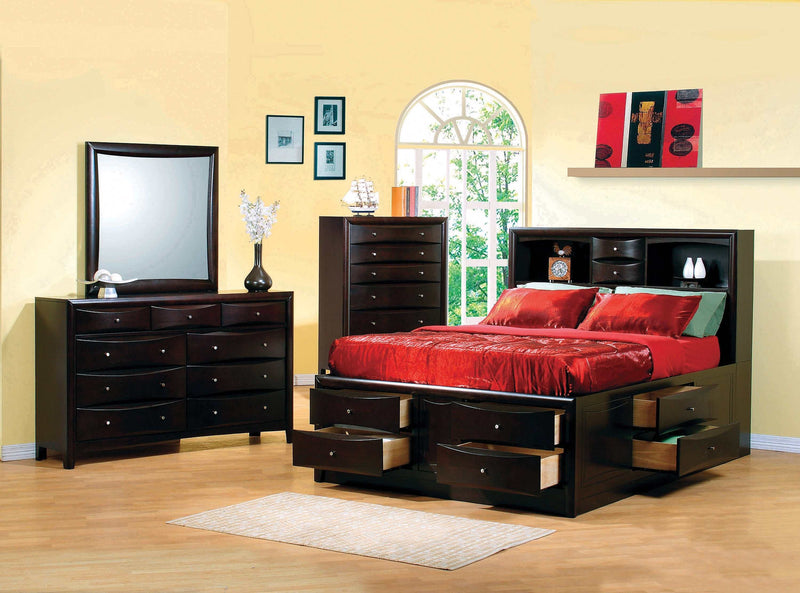 Phoenix - Cappuccino - 4pc Queen Bedroom Set w/ Bookcase Headboard - Ornate Home