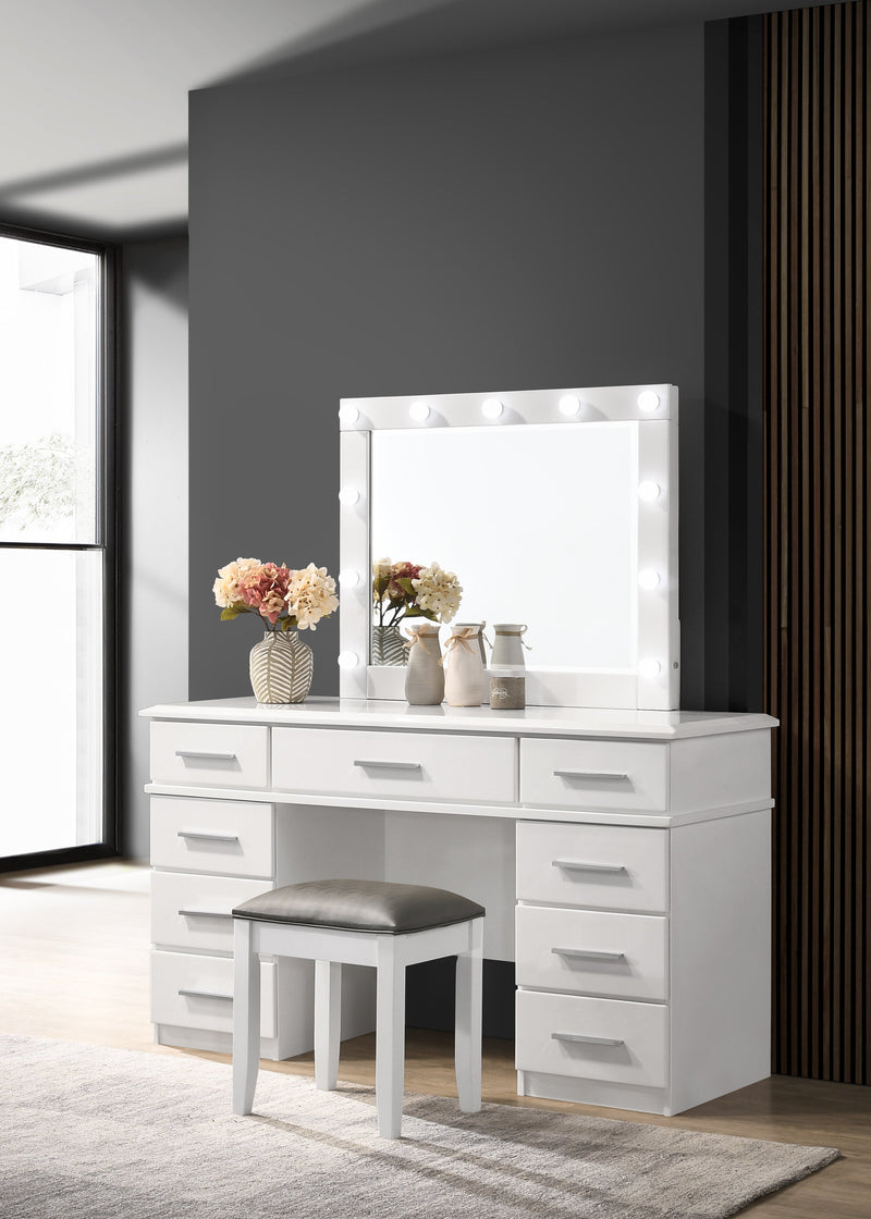 Felicity Glossy White 9 Drawer Vanity Desk w/ Lighted Mirror