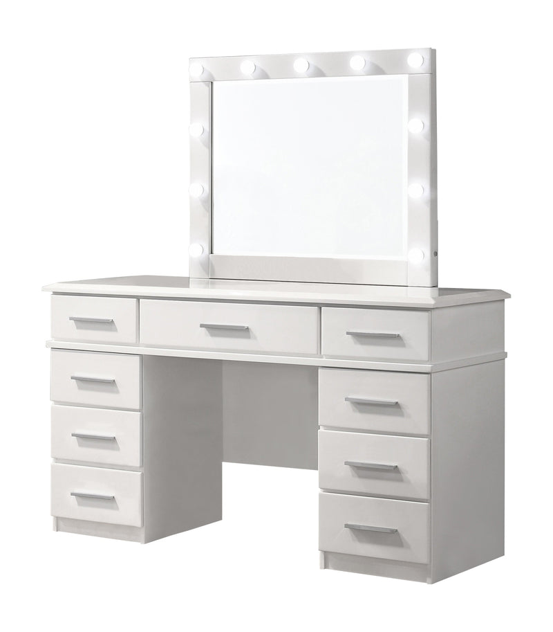 Felicity Glossy White 9 Drawer Vanity Desk w/ Lighted Mirror