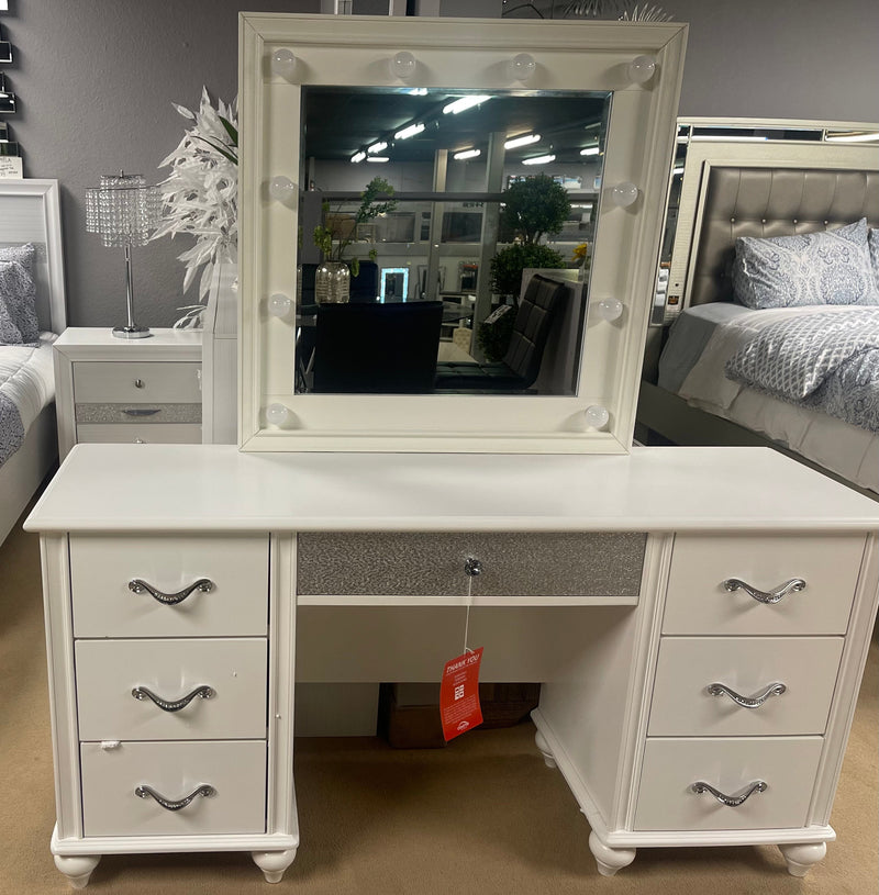 Barzini White 7 Drawer Vanity Desk w/ Lighted Mirror