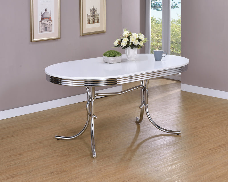 Retro - Glossy White & Chrome - Oval Dining Table - Ornate Home