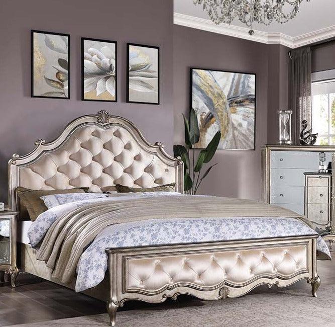 Esteban - Velvet & Antique Champagne - Cal. King Panel Bed - Ornate Home