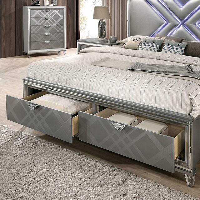 Emmeline Silver Queen Bed w/ HB LED Lights & FB Drawers