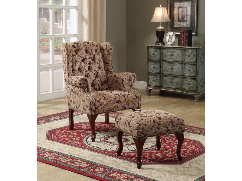 Queen Anne - Light Brown & Burgundy - Accent Chair w/ Ottoman - Ornate Home