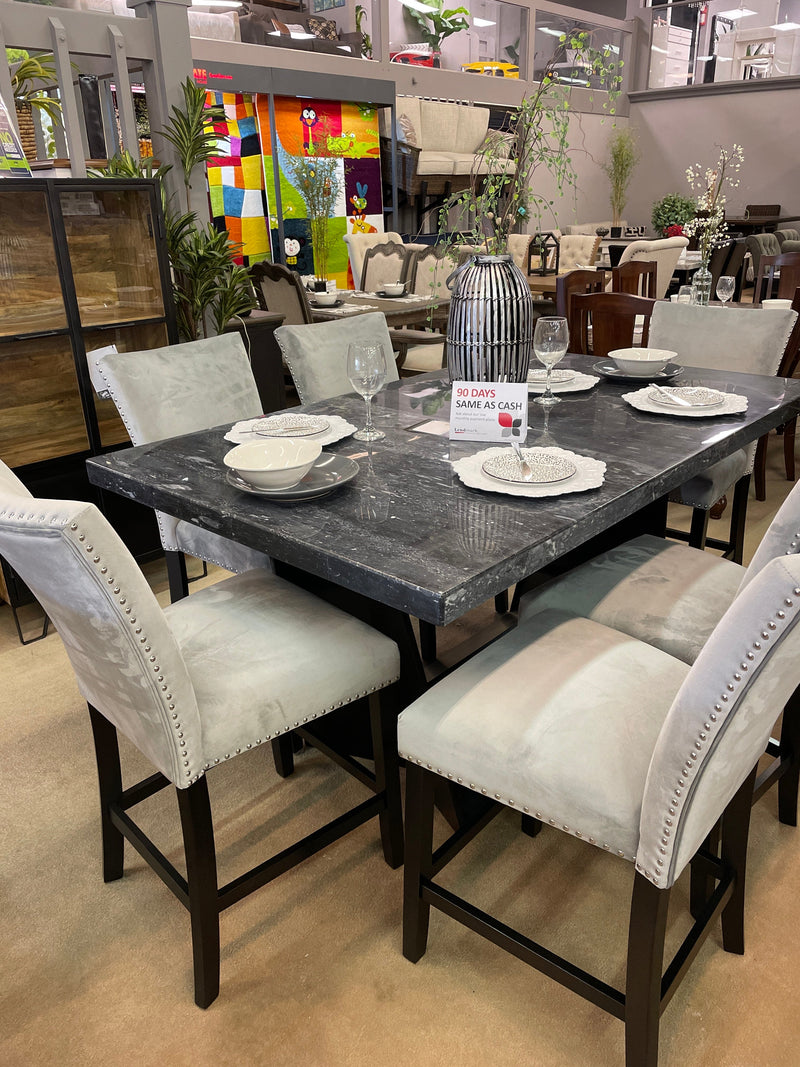 Opheim Genuine Marble Top/Black & Gray Counter Height Dining Set / 7pc