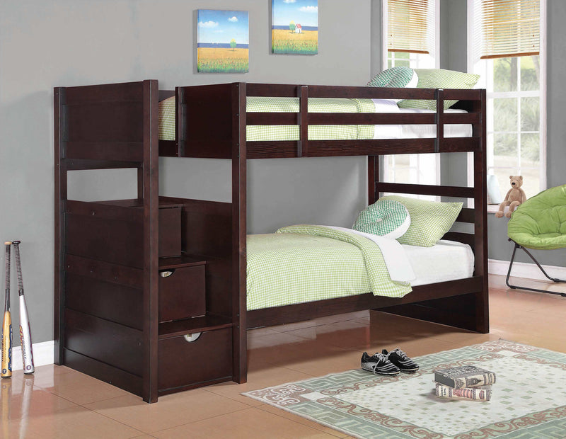 Elliott - Cappuccino - Twin Over Twin Stairway Bunk Bed - Ornate Home