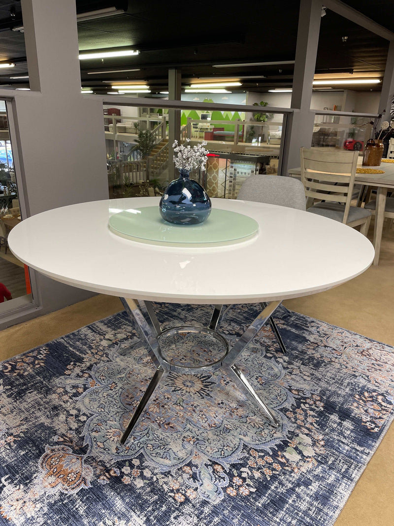 Abby Round Dining Table in White & Chrome w/ Turntable - Ornate Home