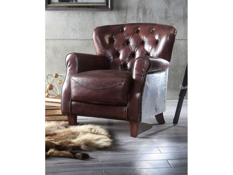 Brancaster Vintage Brown Genuine Leather & Aluminum Accent Chair