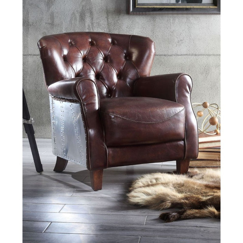 Brancaster Vintage Brown Genuine Leather & Aluminum Accent Chair