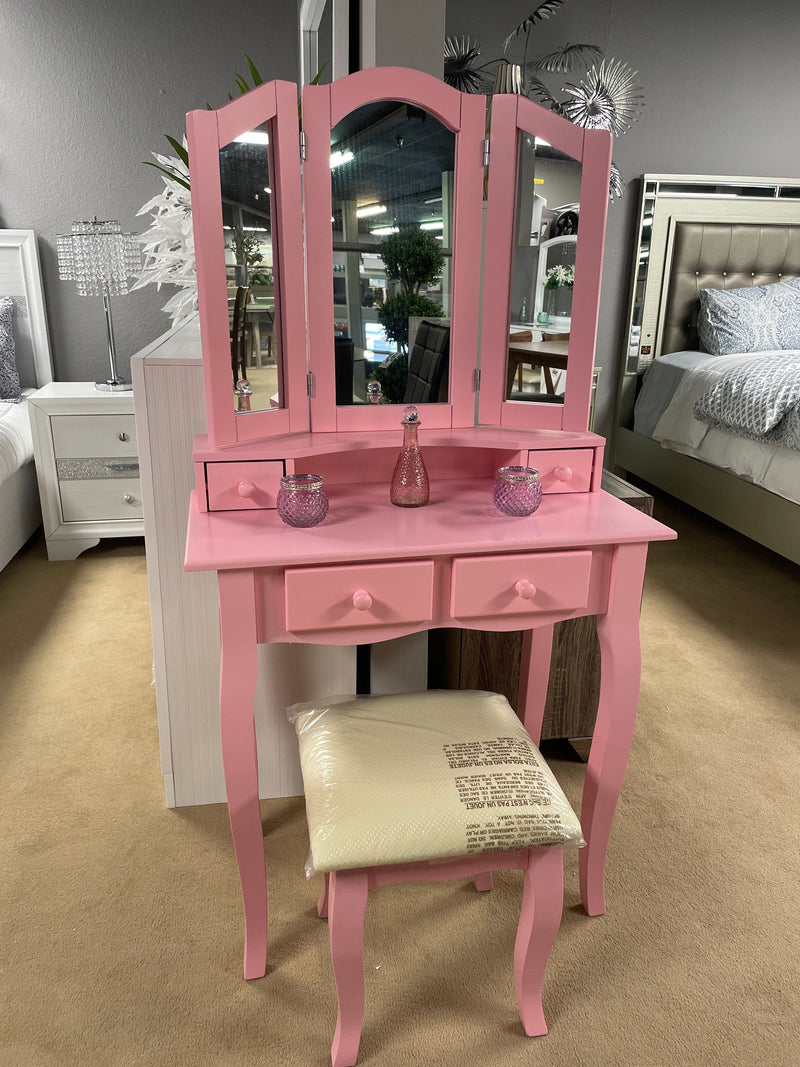 Janelle Pink Vanity Set w/ Stool