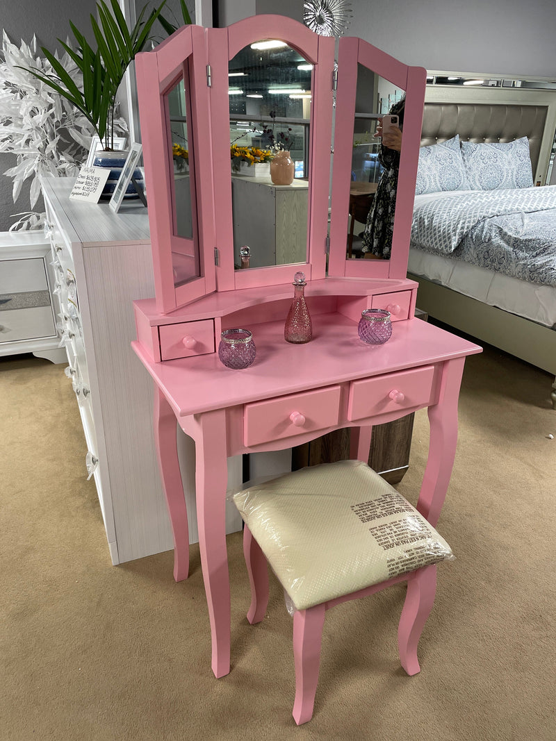 Janelle Pink Vanity Set w/ Stool