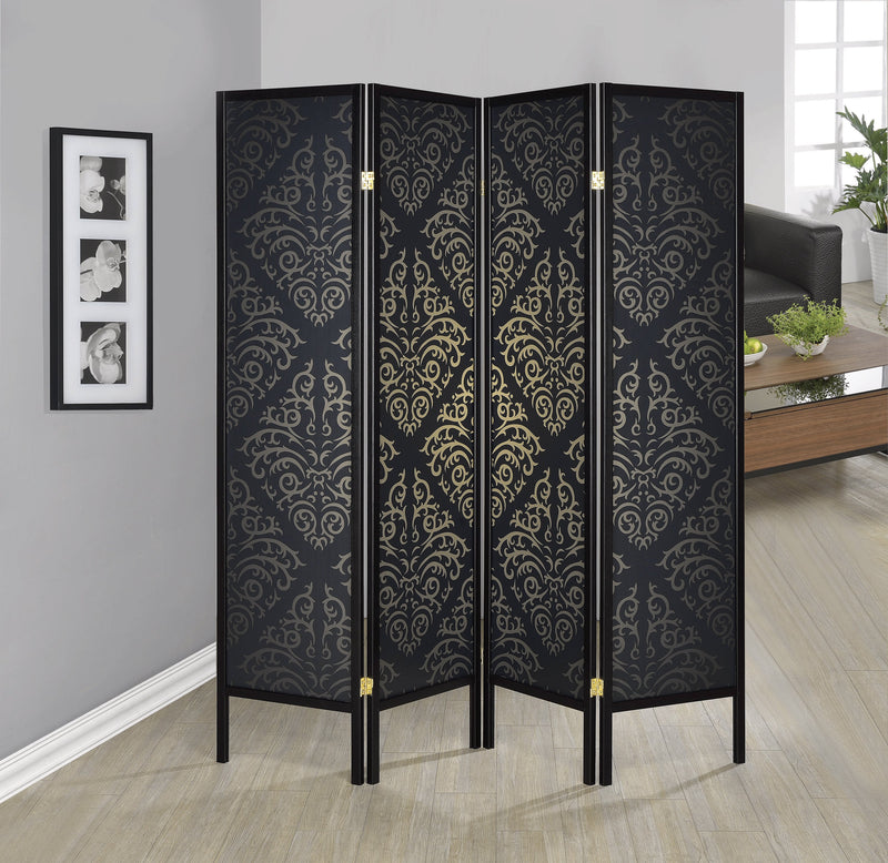 Haidera Black 4 Panel Damask Pattern Folding Screen