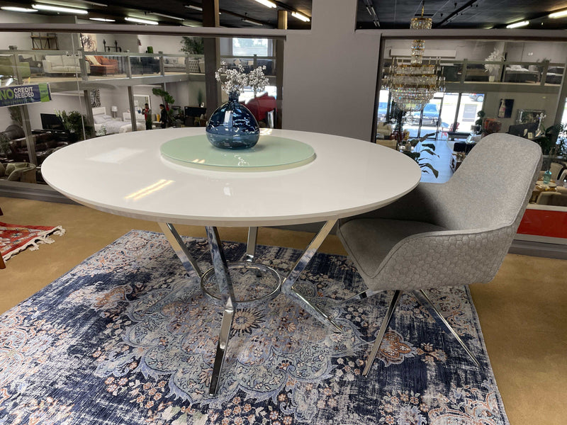 Abby Round Dining Table in White & Chrome w/ Turntable - Ornate Home