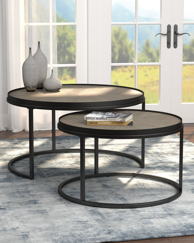 Riya - Weathered Elm & Gunmetal -  2pc Round Nesting Tables - Ornate Home