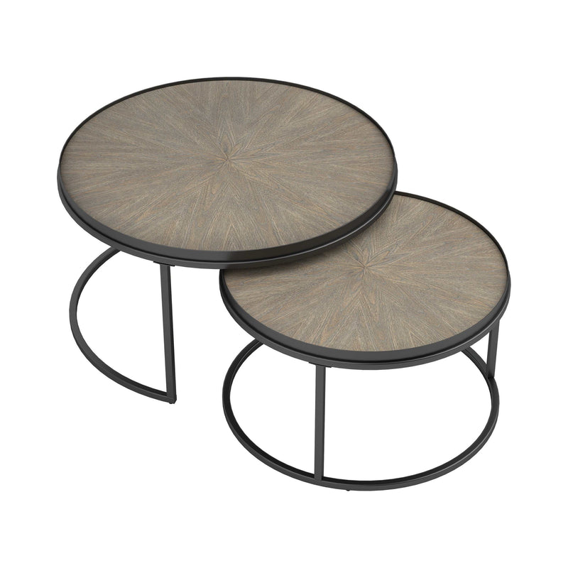 Riya - Weathered Elm & Gunmetal -  2pc Round Nesting Tables - Ornate Home