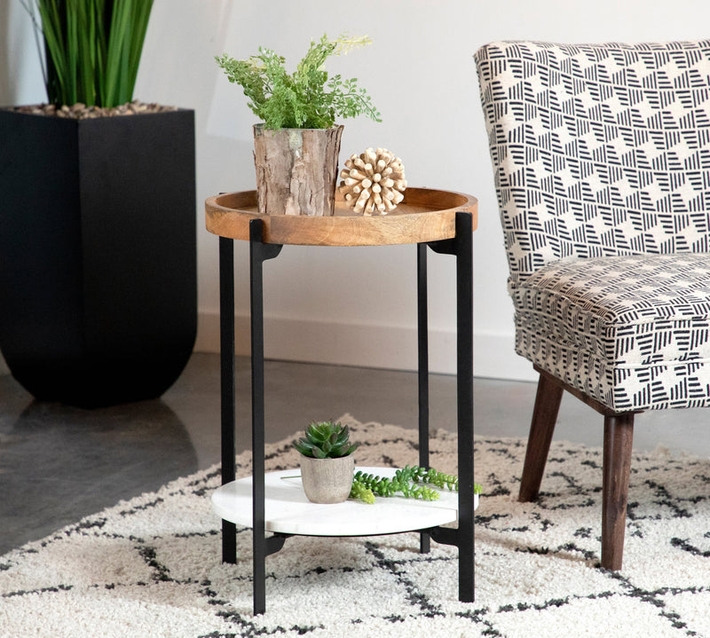 Gerald Natural & Black Round Accent Table w/ Marble Shelf