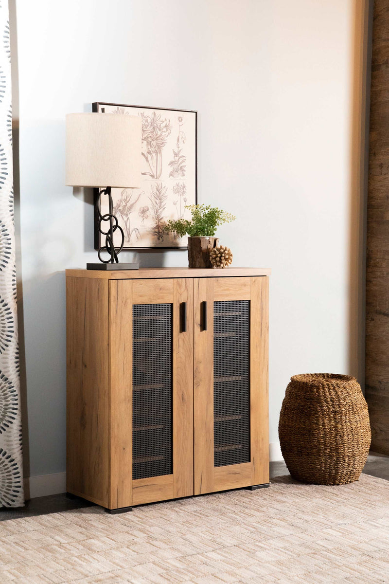 Karol - Golden Oak - Metal Mesh Door Accent Cabinet - Ornate Home