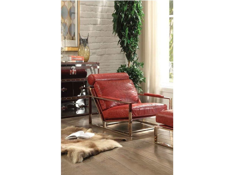 Quinto Antique Red Top Grain Leather & Stainless Steel Accent Chair - Ornate Home