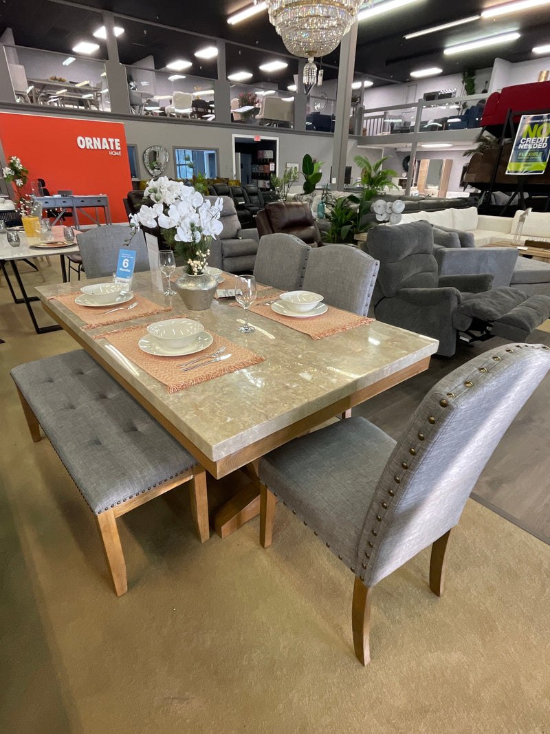 Vesper Brown & Gray Marble Top Rectangular Dining Set