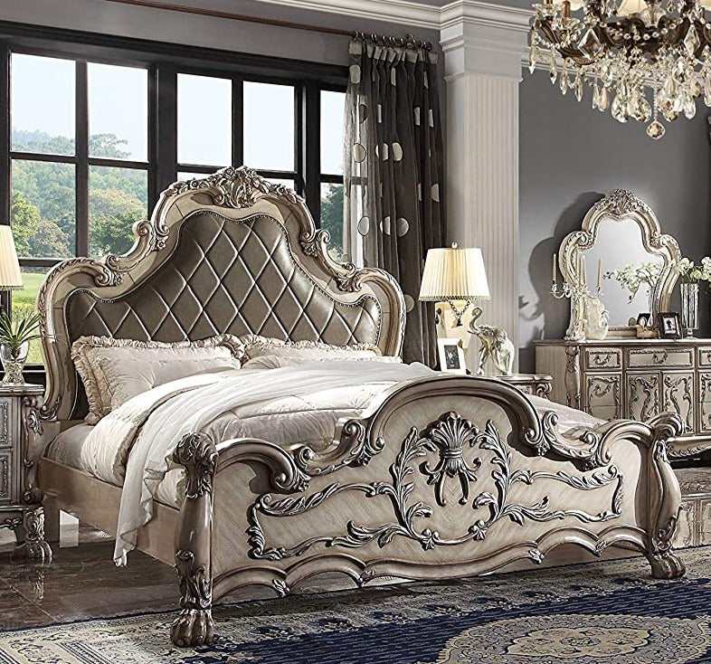 Dresden Bone PU & Gold Patina Eastern King Bed - Ornate Home