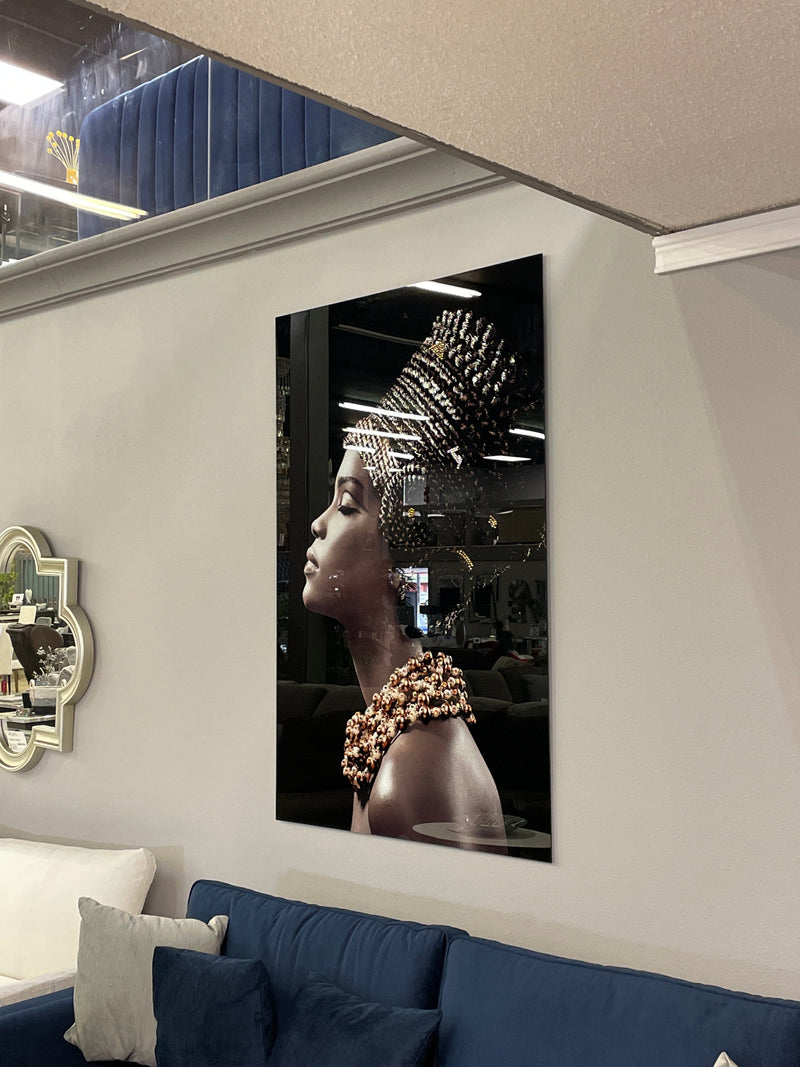 Woman Side Profile Tempered Glass w / Foil & Rhinestones Wall Art