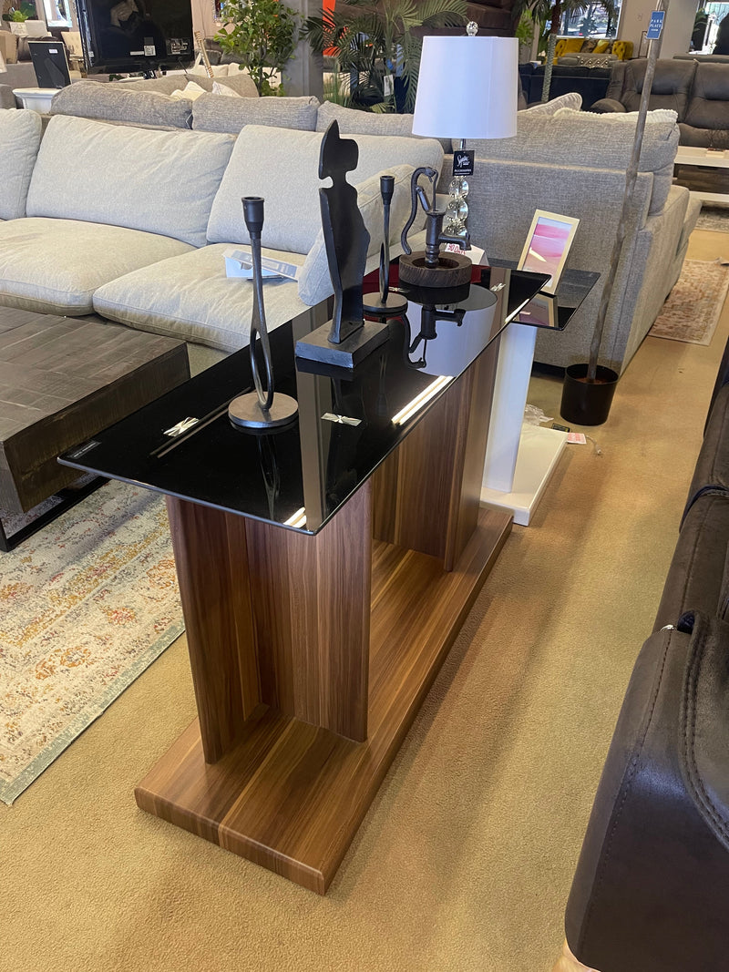 Mannedorf Dark Walnut & Black Glass Top Sofa Table