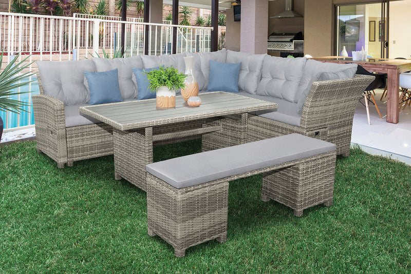 Malia Gray Sectional Set w/ Table & Bench(2 x Ottomans)