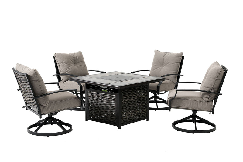 [SUMMER DEALS]🔥 Segovia Black & Gray Outdoor Dining Set w/ Fire Pit / 5pc