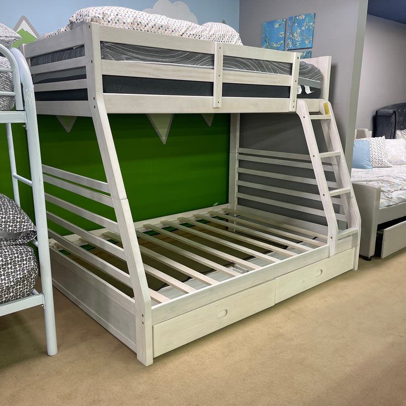 California Wire-Brushed White Twin/Full Bunk Bed w/ 2 Drawers