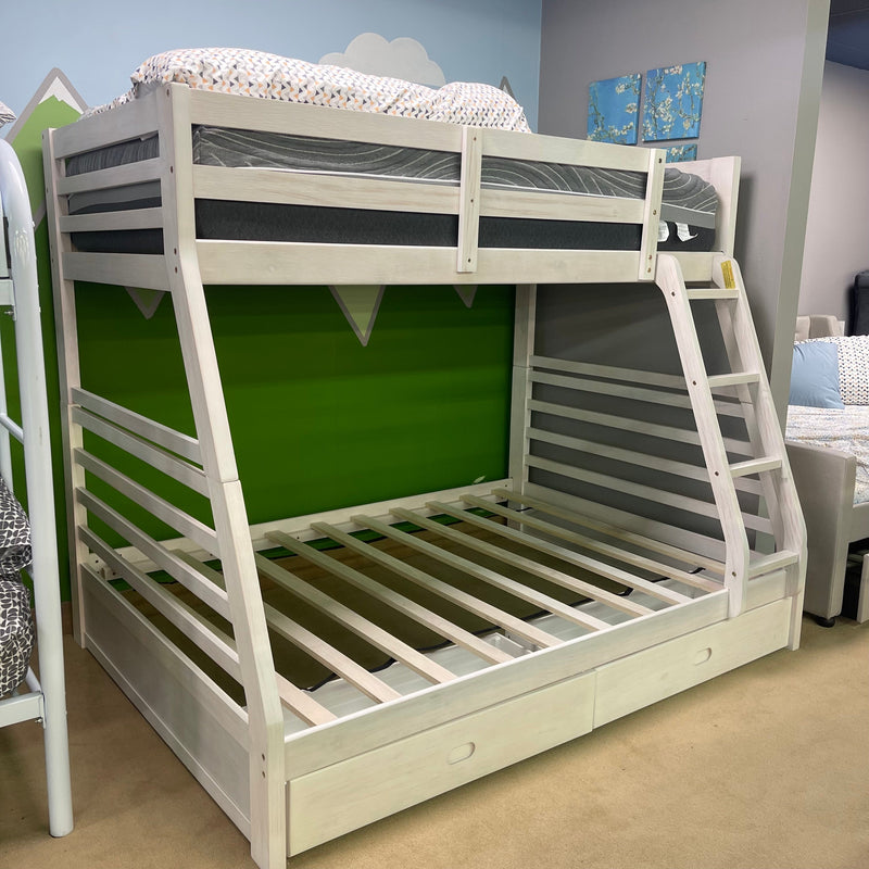 California Wire-Brushed White Twin/Full Bunk Bed w/ 2 Drawers