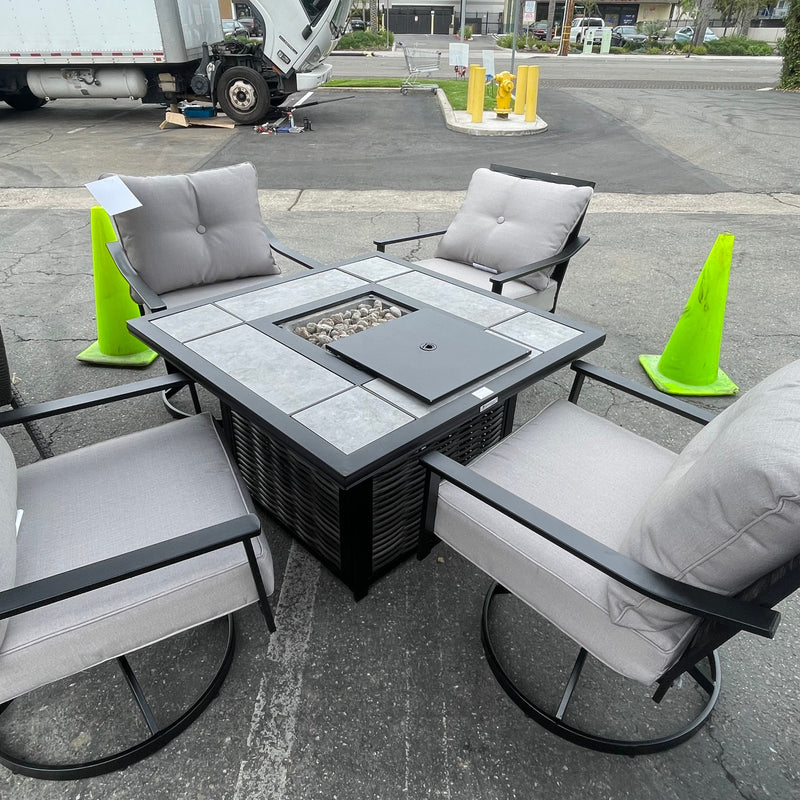 [SUMMER DEALS]🔥 Segovia Black & Gray Outdoor Dining Set w/ Fire Pit / 5pc