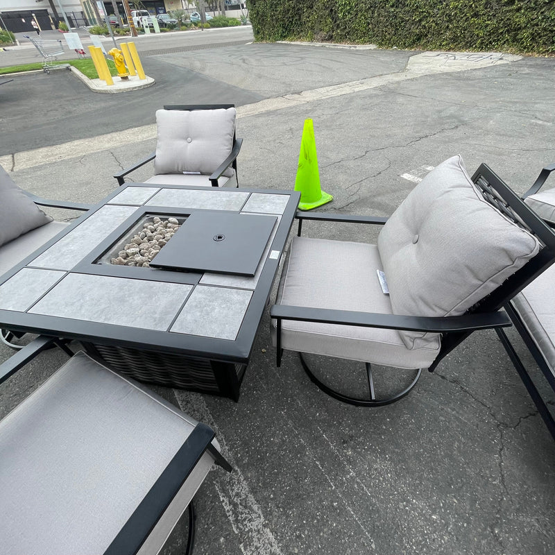 [SUMMER DEALS]🔥 Segovia Black & Gray Outdoor Dining Set w/ Fire Pit / 5pc