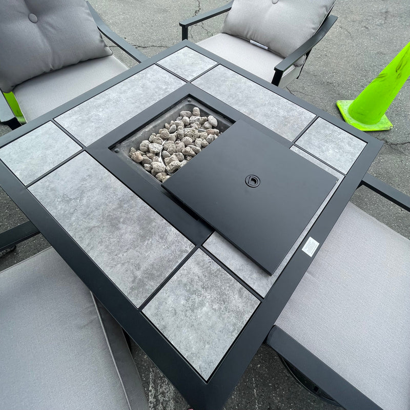 [SUMMER DEALS]🔥 Segovia Black & Gray Outdoor Dining Set w/ Fire Pit / 5pc