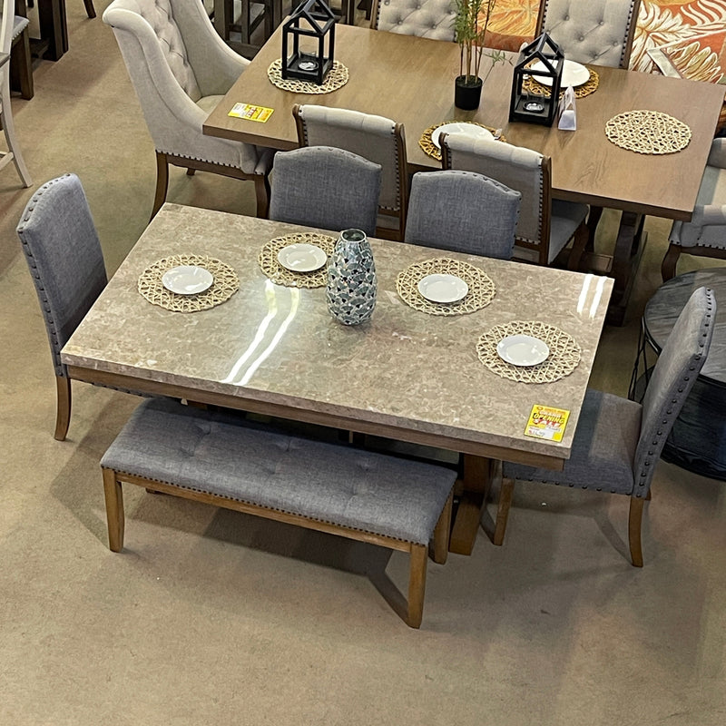 Vesper Brown & Gray Marble Top Rectangular Dining Set