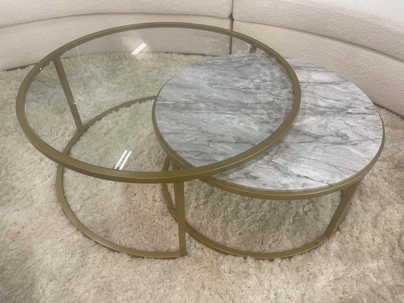 Shanish Nesting Table Set (2Pc) Faux Marble/Glass & Gold