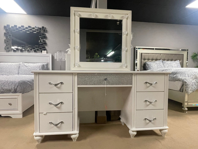 Barzini White 7 Drawer Vanity Desk w/ Lighted Mirror