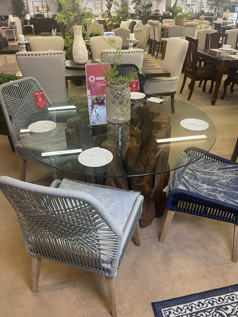 Asbury Natural Teak Dining Table w/Clear Tempered Glass Top w/Chair Option - Ornate Home