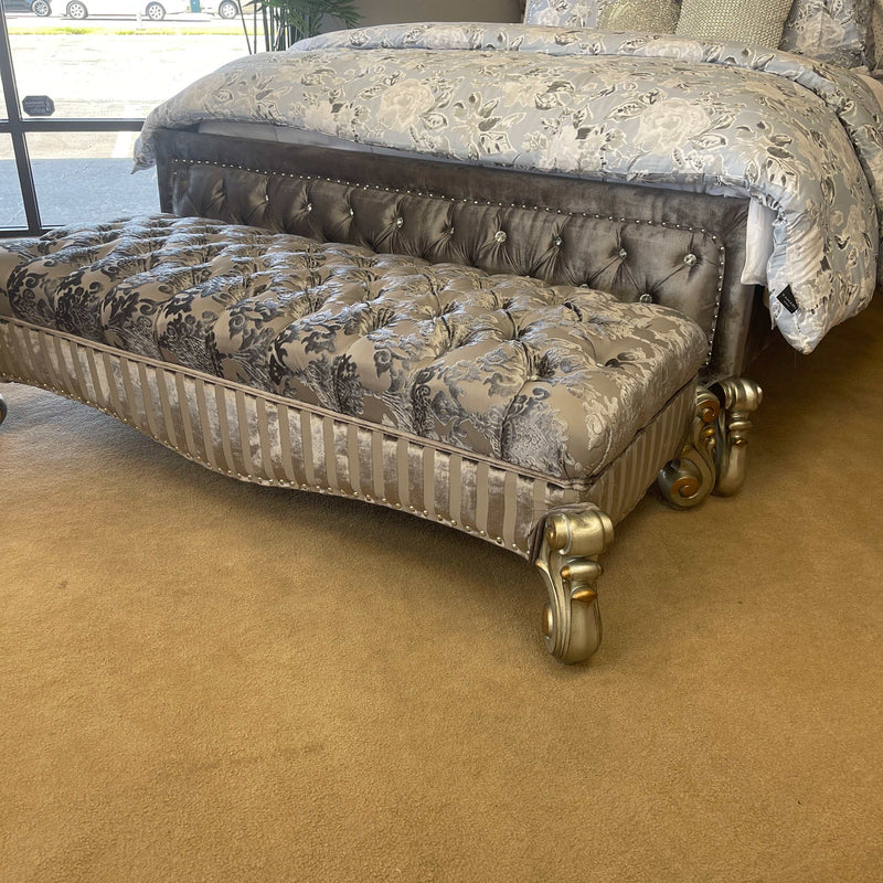 Versailles Fabric & Antique Platinum Bench - Ornate Home