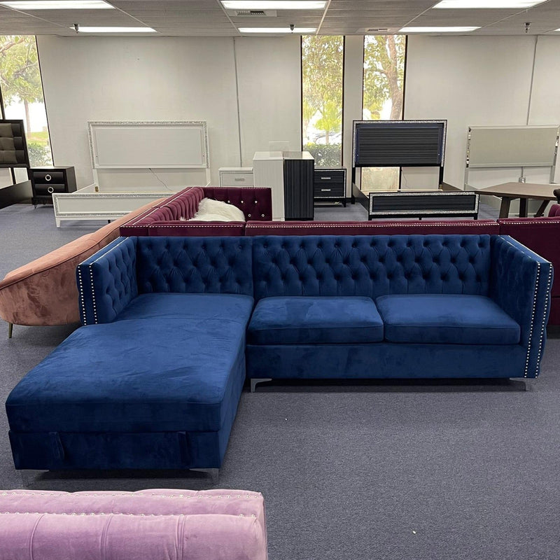 Sullivan Navy Blue Velvet Sectional Sofa w/ Storage Chaise