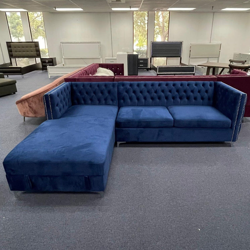 Sullivan Navy Blue Velvet Sectional Sofa w/ Storage Chaise