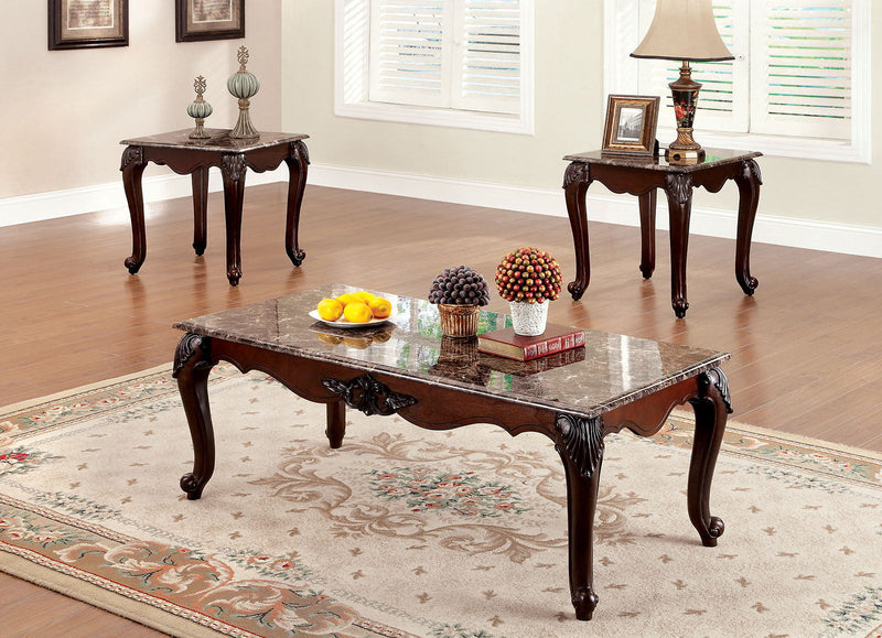 Colchester Dark Cherry & Faux Marble 3pc Coffee Table Set