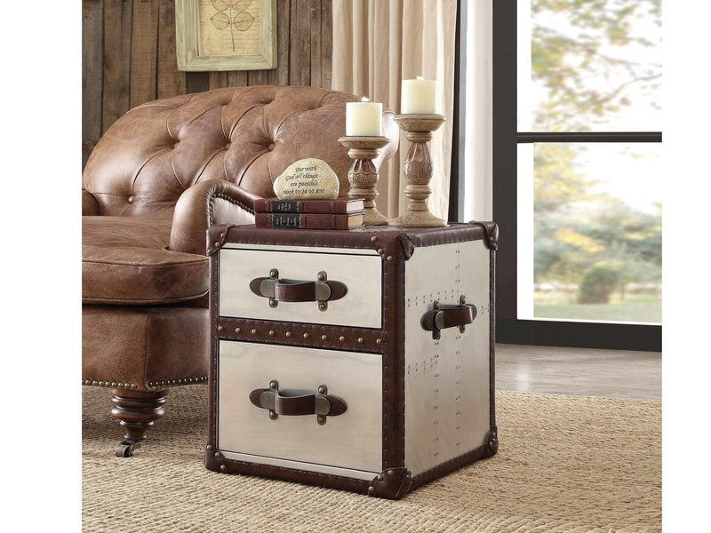 Aberdeen Vintage Dark Brown Top Grain Leather & Aluminum End Table - Ornate Home