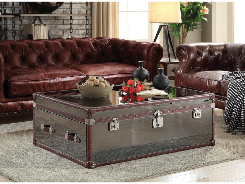 Aberdeen Vintage Dark Brown Top Grain Leather & Stainless Steel Coffee Table - Ornate Home