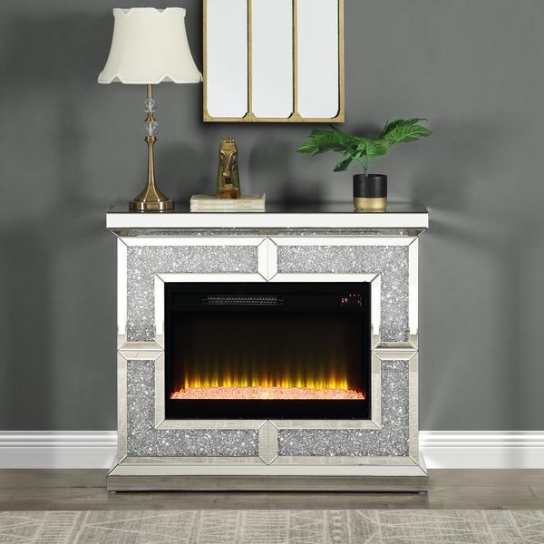 Noralie Mirrored & Faux Crystals Fireplace w/ Insert